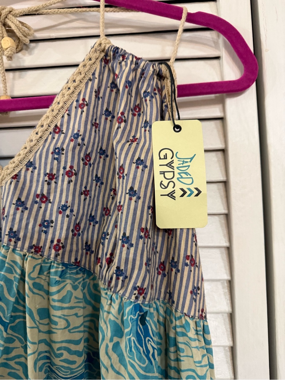 Jaded Gypsy Patchwork Dreams Dress in Blue Floral & Aqua Tiered Sundress L/XL